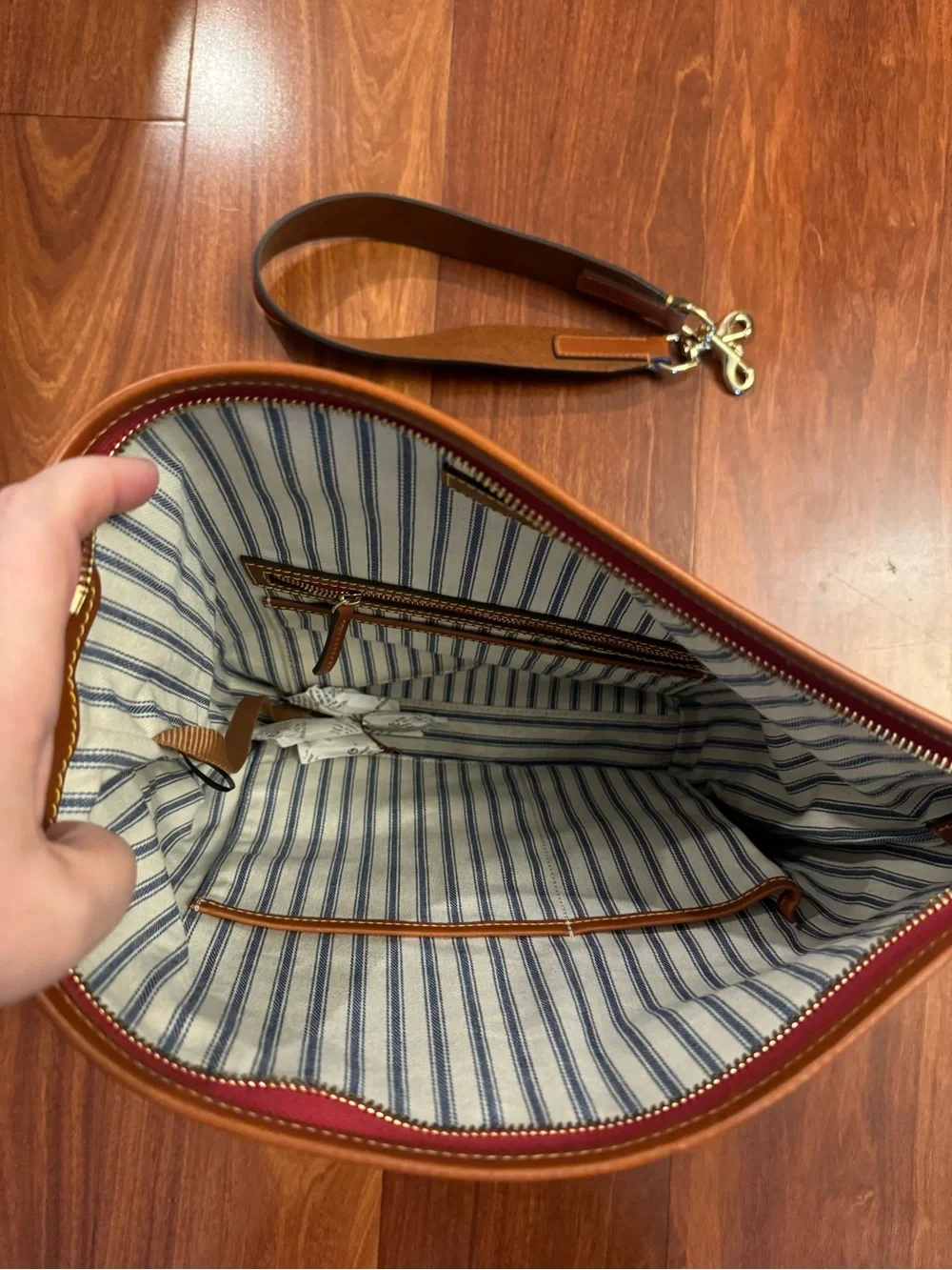 Price firm- Dooney & Bourke Taupe Nylon Hobo Bag with Leather Trim